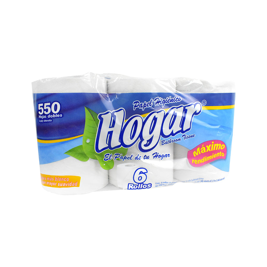 Papel higiénico Hogar con 550 hojas dobles 6 rollos.