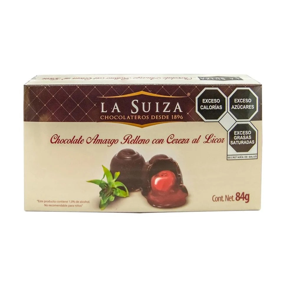 Chocolate Amargo La Suiza relleno con cereza y licor de 84 grs.