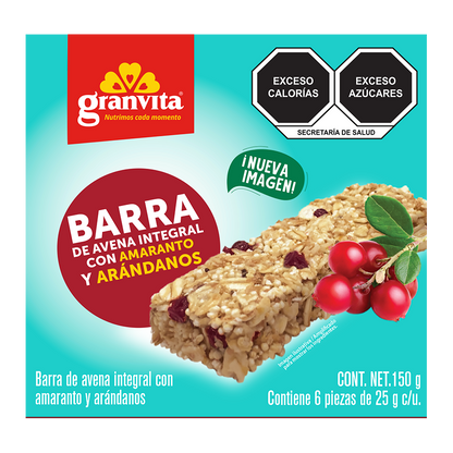 Barra de amaranto con avena y arándanos Granvita 6 pzas 150 grs.
