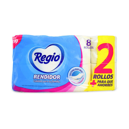 Papel higiénico Regio rendidor con 8 rollos 300 hojas.