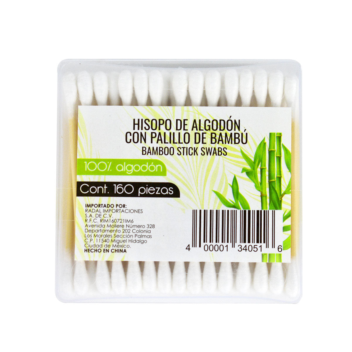 Caja con hisopos palillo de bambú 100% algodón con 160 pzas.