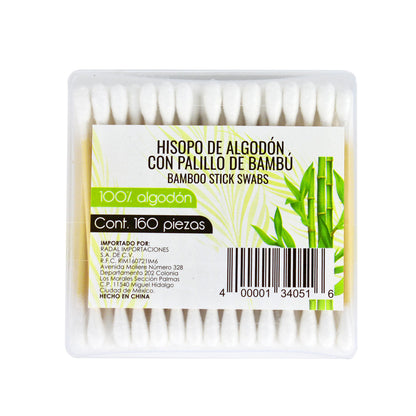 Caja con hisopos palillo de bambú 100% algodón con 160 pzas.