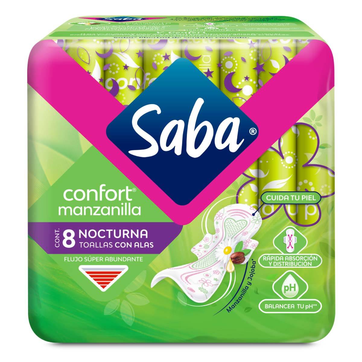 Toallas femeninas Saba Confort manzanilla con alas con 8 pzas.