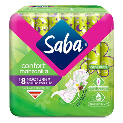 Toallas femeninas Saba Confort manzanilla con alas con 8 pzas.