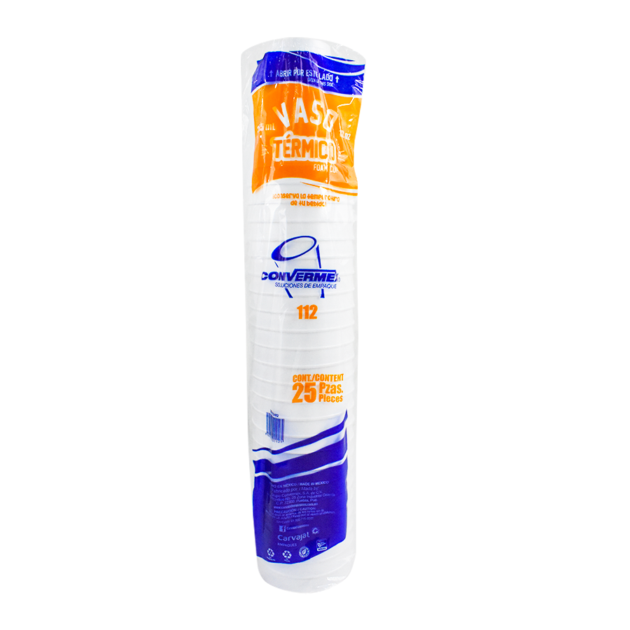 Paquete de 25 vasos térmicos Convermex de 355 ml.