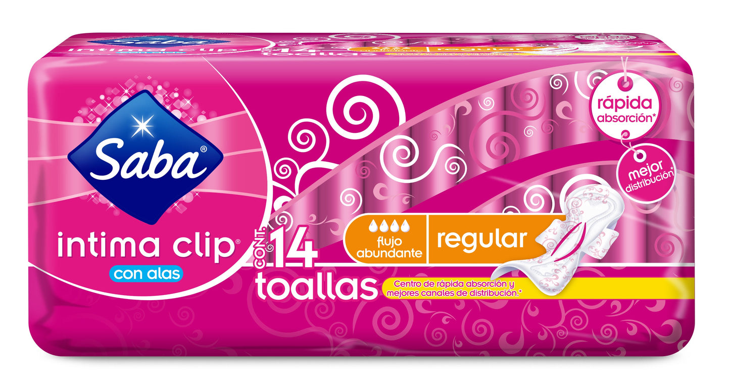 Toallas femeninas Saba intima clip con alas con 14 pzas.